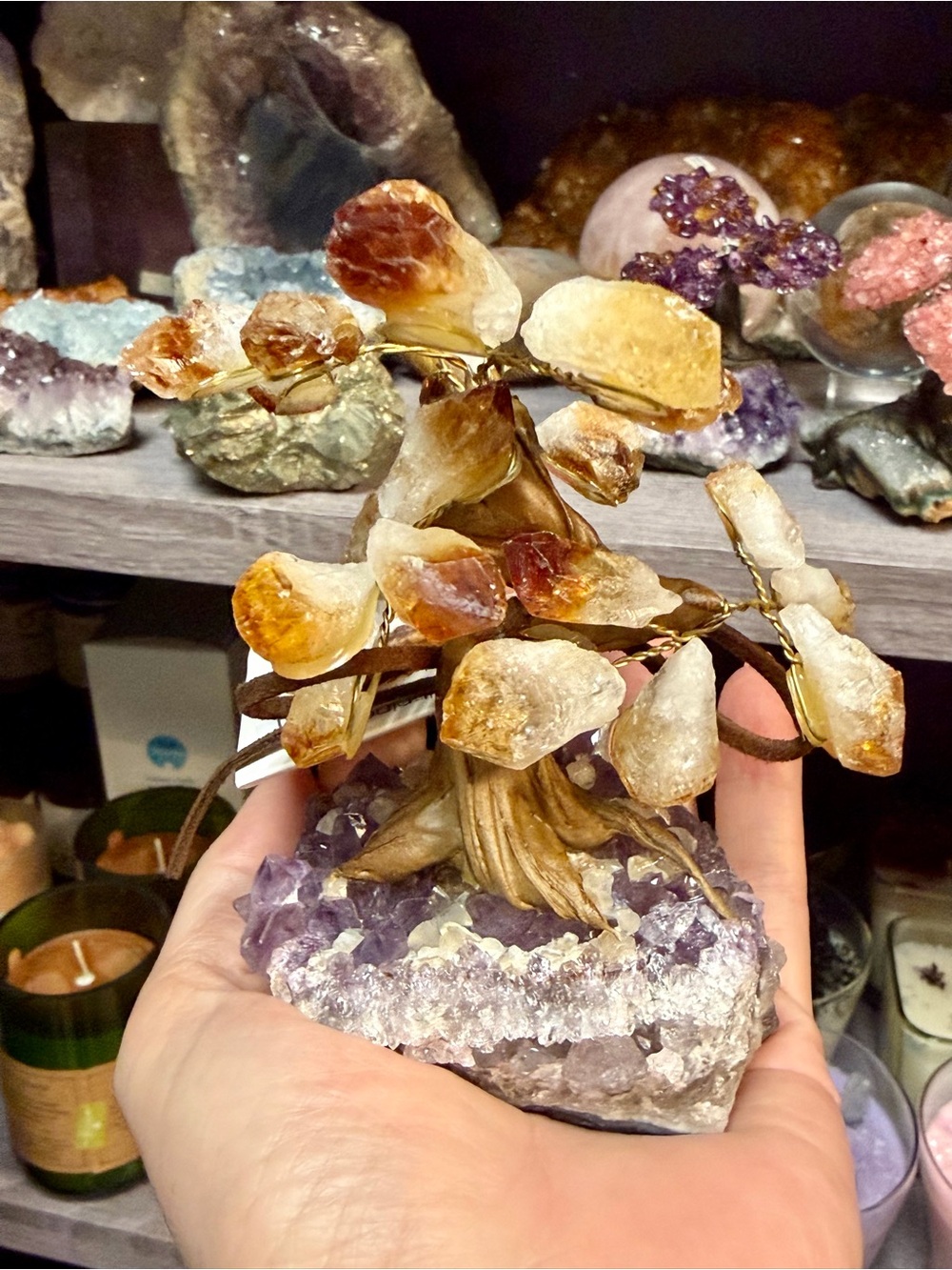 Citrine Gemstone Tree on Amethyst Base - Golden Yellow Crystal Decor